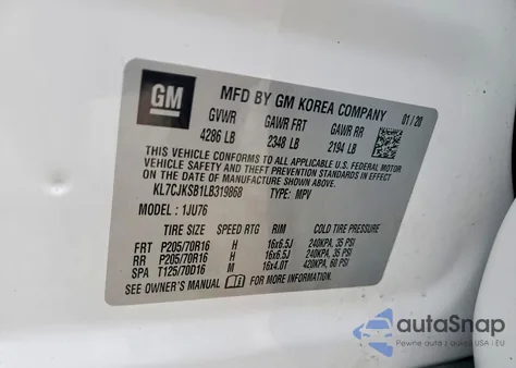 2020 Chevrolet Trax Ls z USA, uszkodzony, nr VIN KL7CJKSB1LB319868